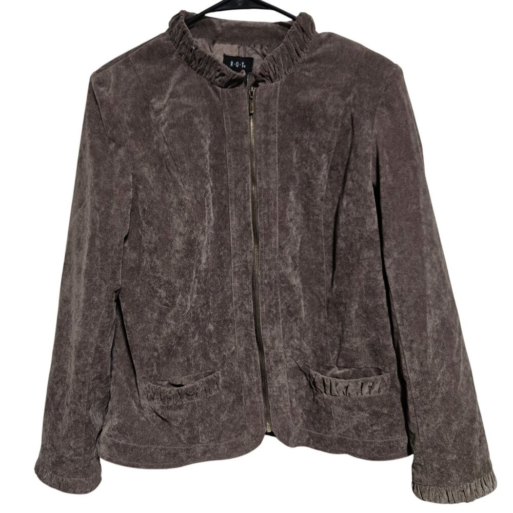 RQT Soft Taupe Suede Zip Jacket Womens Size Medium Ruffle Trim Pockets Coat